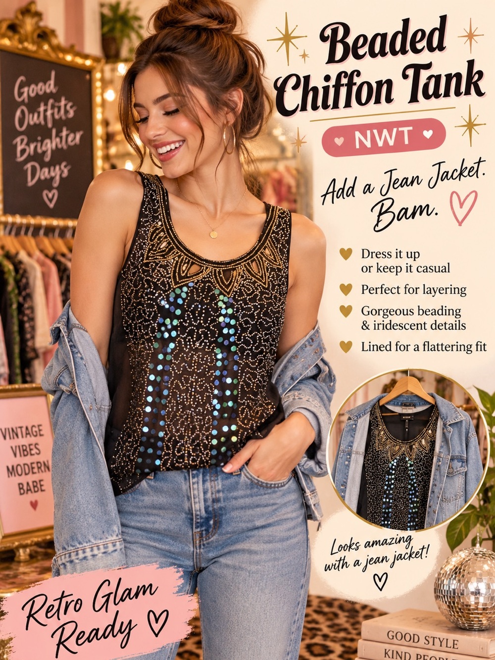 Retro Glam Beaded Black Chiffon Tank Top - Stylish Layering Piece NWT